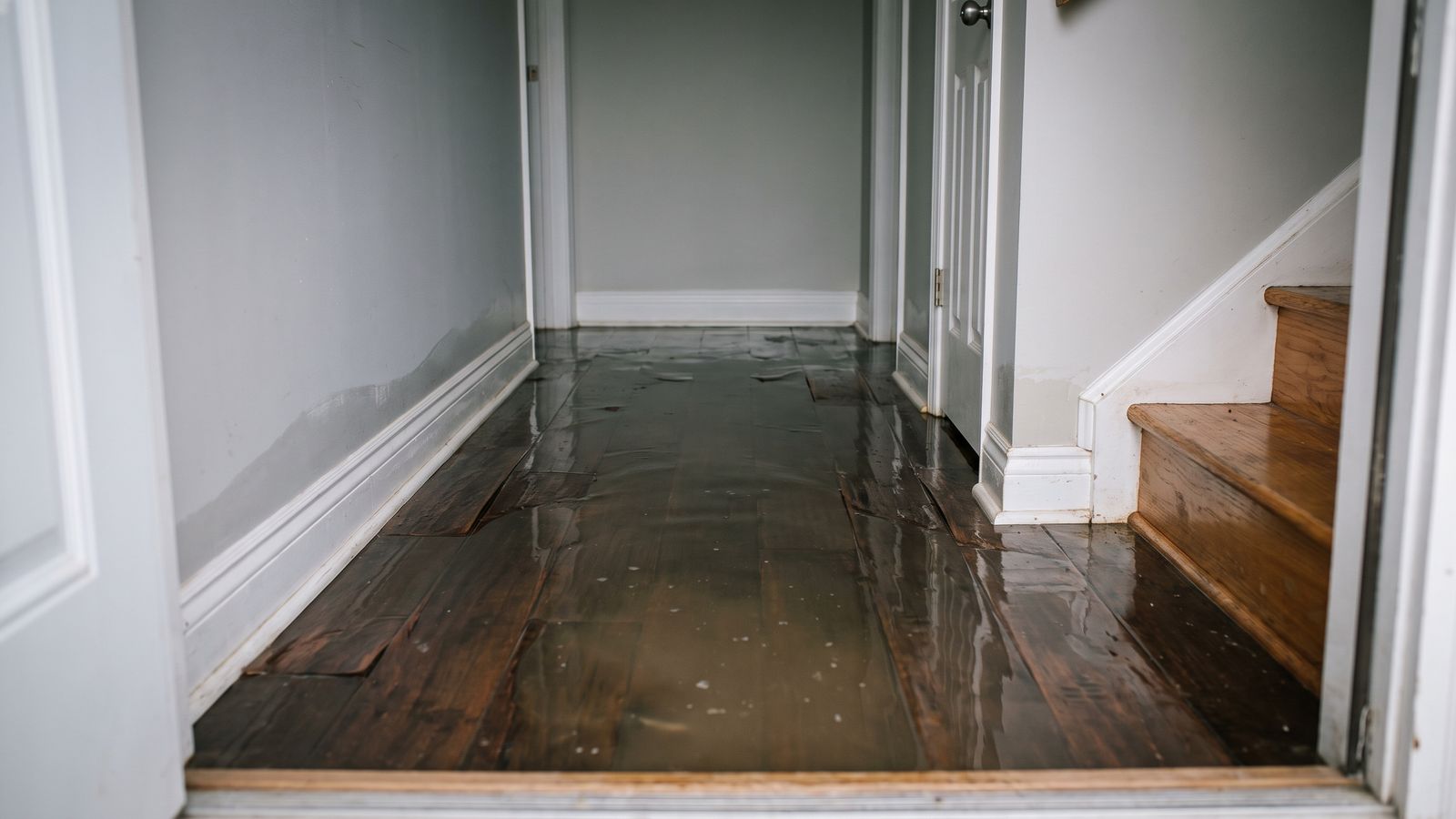 Standing water on a buckled hardwood hallway floor, the first sight of burst supply line water damage away from home