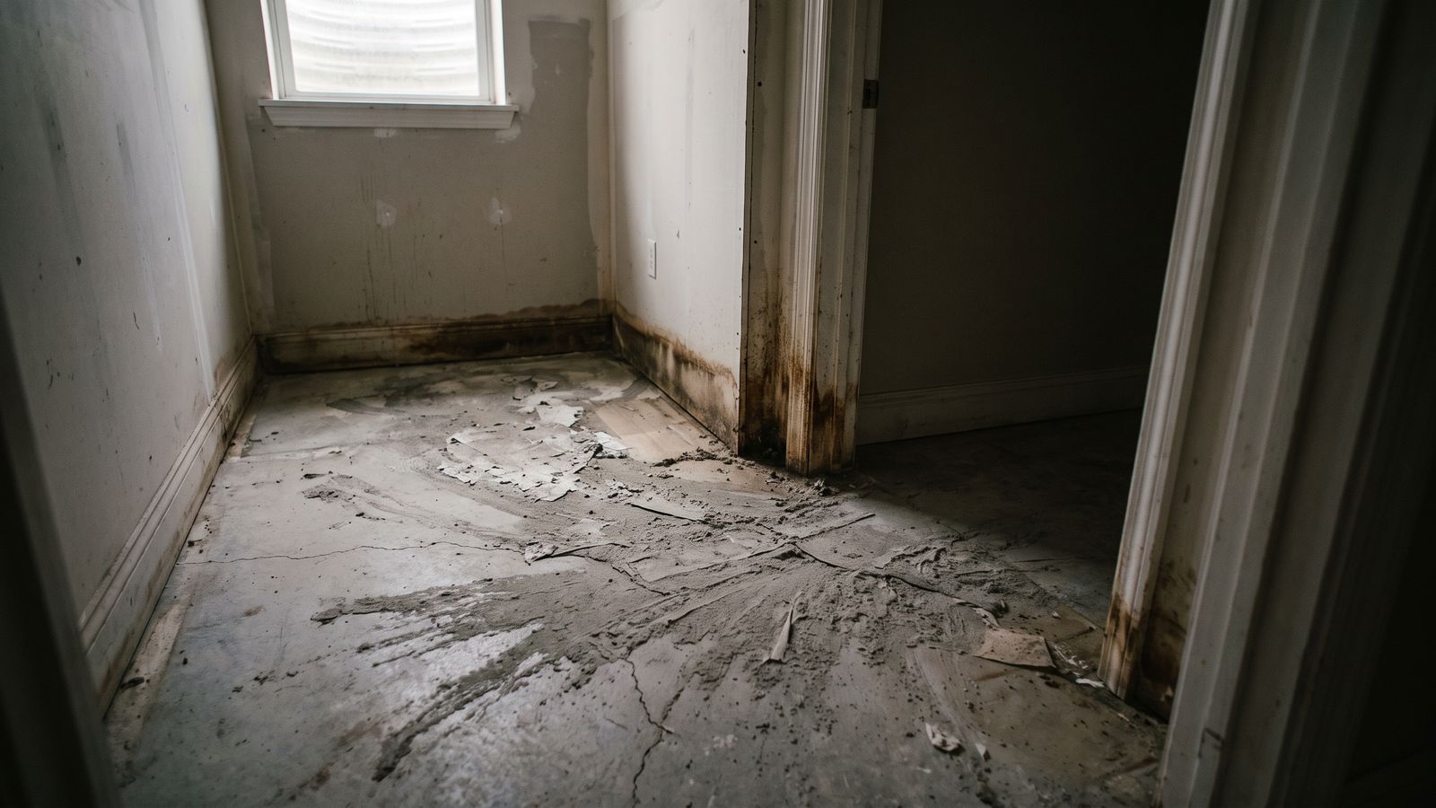 Dark tide line and gray silt left on a basement floor after category 3 water damage receded from the walls