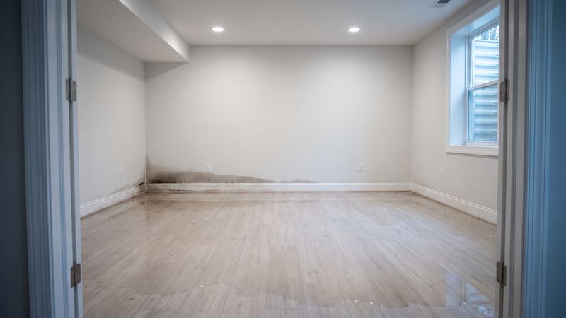 Clear standing water across a finished basement floor with a wet halo up the drywall, a water damage category clue