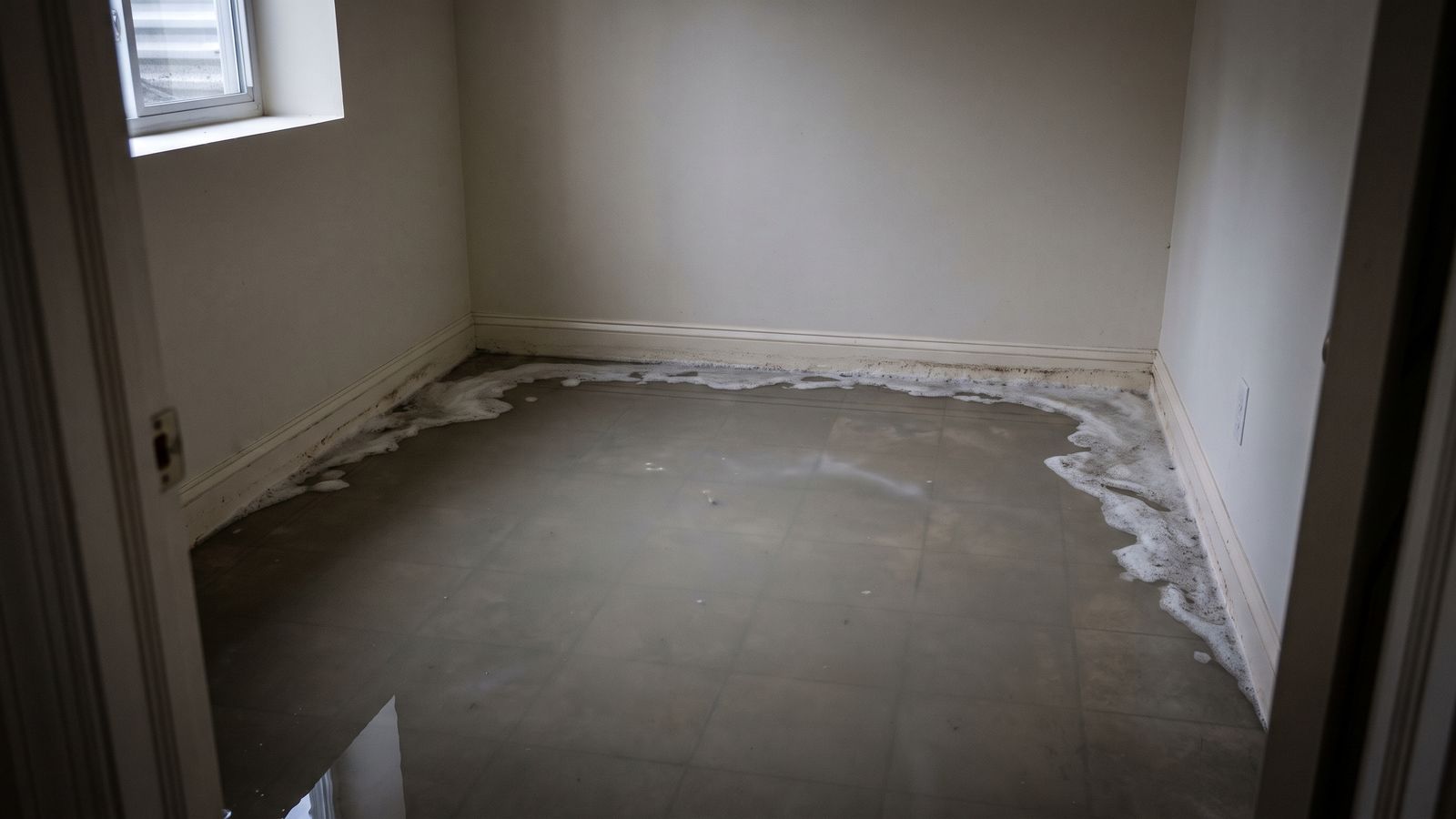 Gray-brown standing water and foam scum along the baseboards of a bare basement room, category 2 water damage