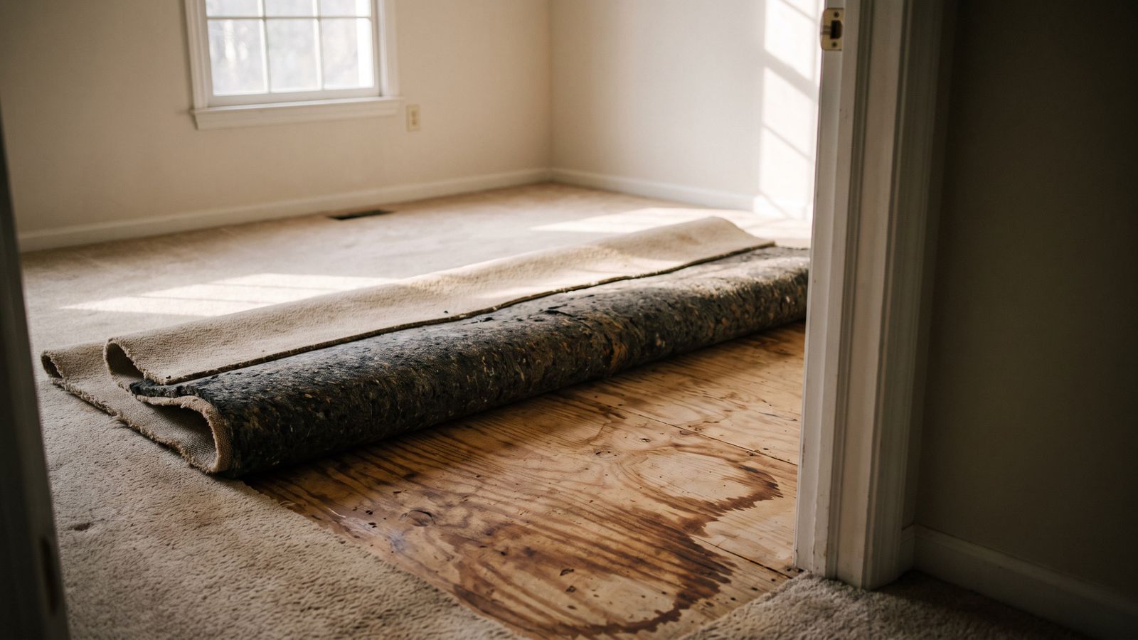 Carpet and foam pad rolled back off a stained plywood subfloor, the step that confirms a water damage category