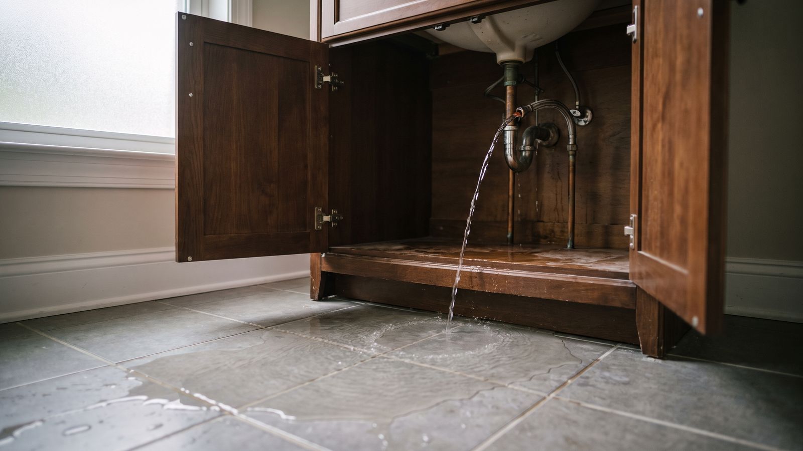 Clear water running from a split supply line under a bathroom vanity onto tile, a category 1 water damage source