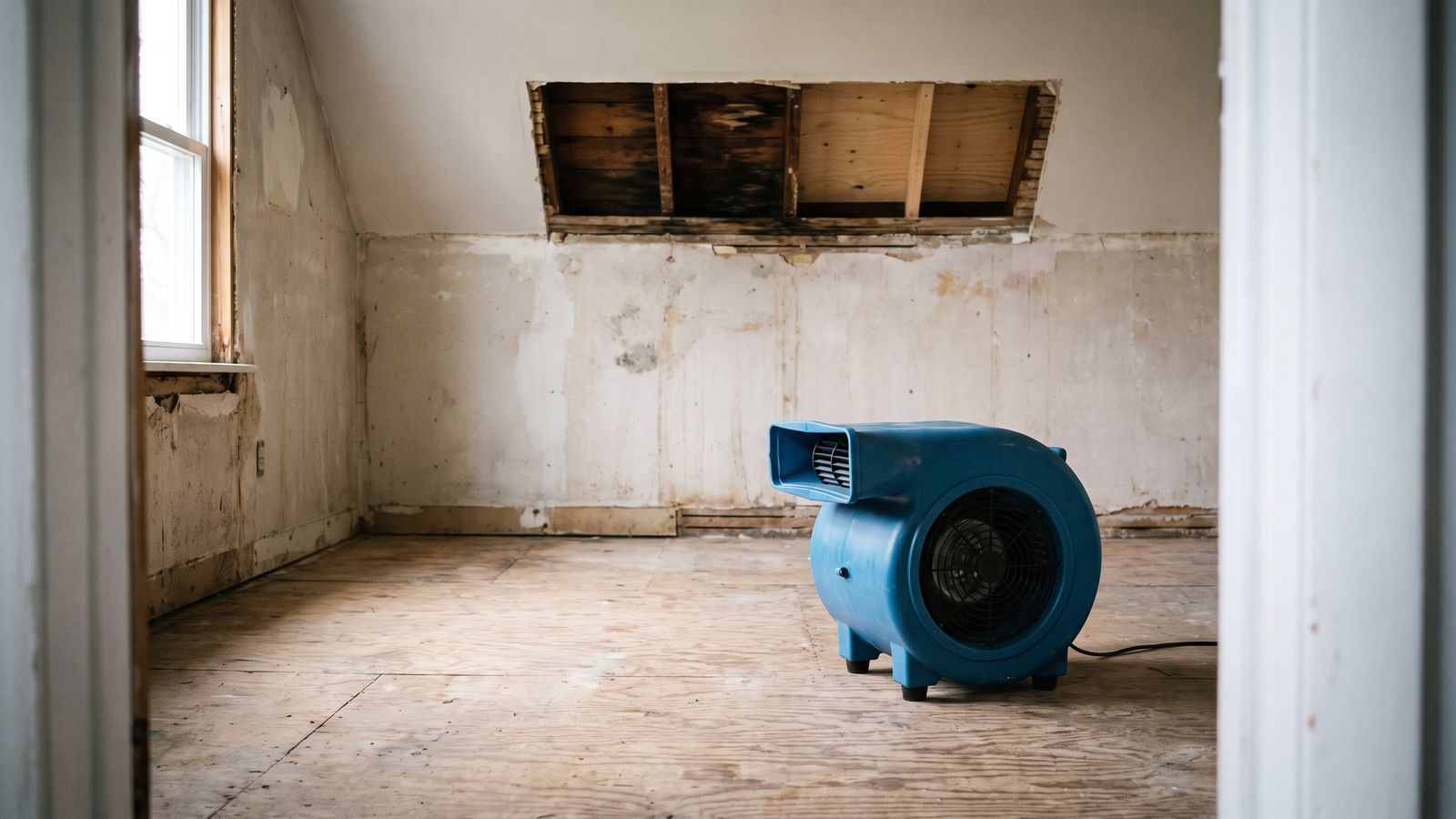 Centrifugal air mover angled up at an opened joist bay, drying the cavity after ceiling water damage