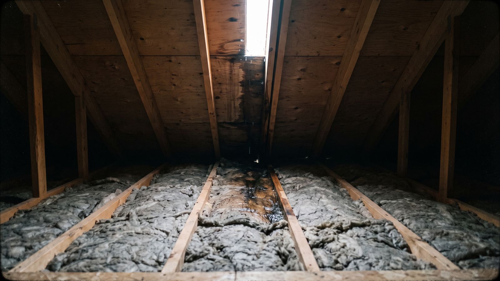 Dark water track running down an attic rafter above wet insulation, the source of ceiling water damage