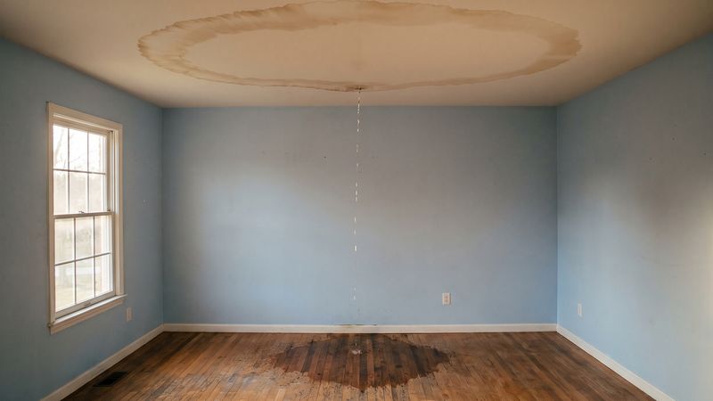 Brown ceiling water damage ring dripping onto a dark wet patch on bare oak floorboards