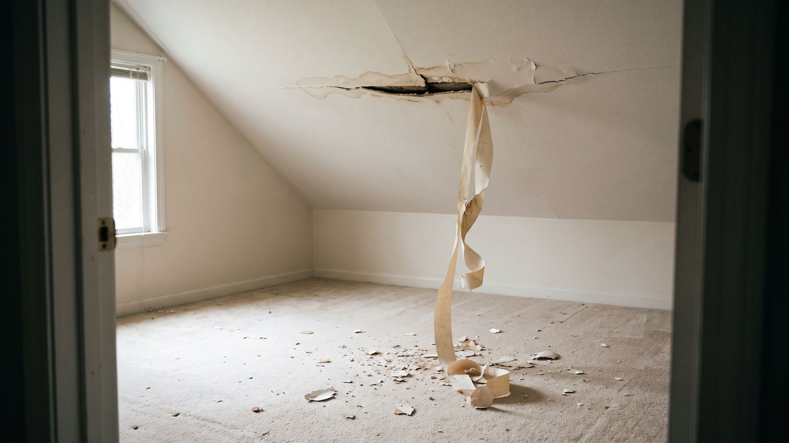 Split ceiling seam with drywall tape curling free above gypsum debris from ceiling water damage