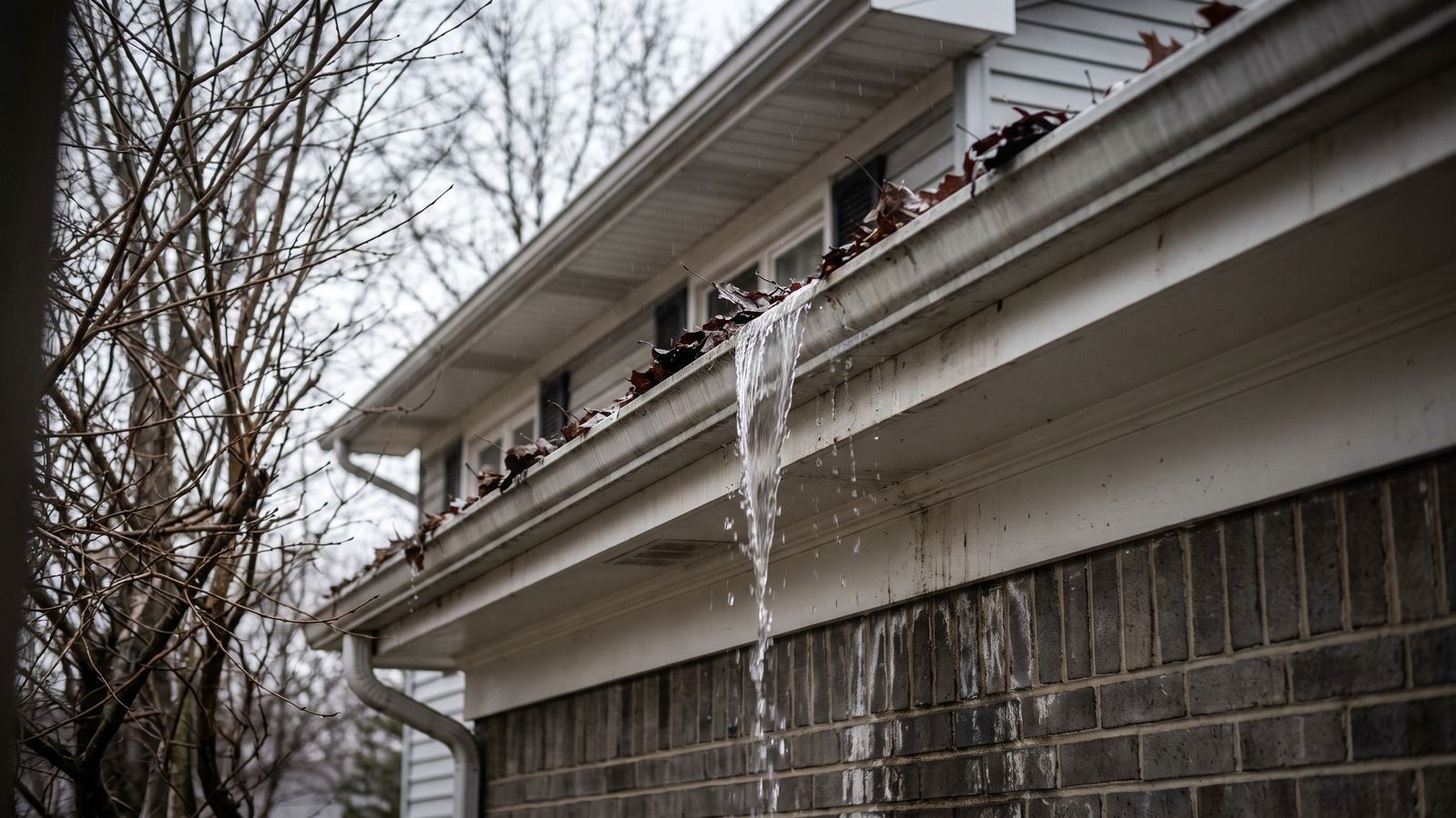 Leaf-clogged gutter overflowing down a white fascia and brick wall, a common ceiling water damage cause