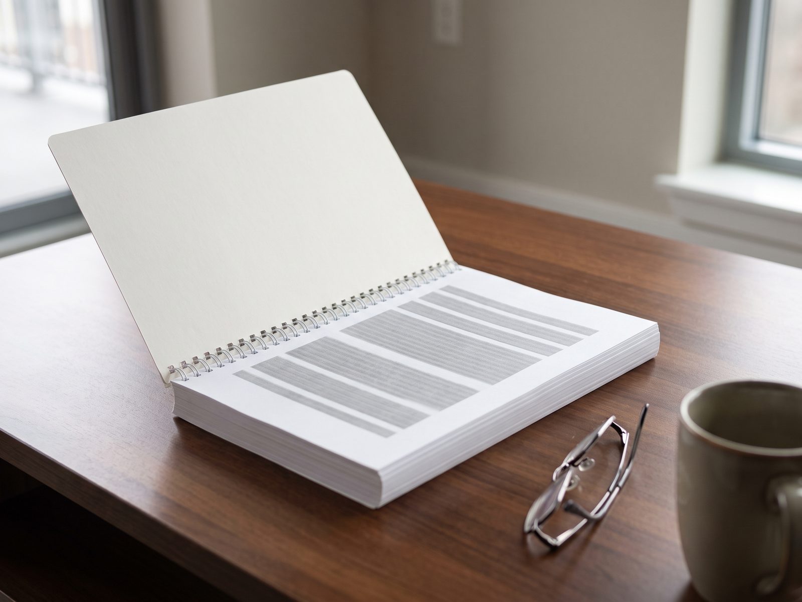 A spiral-bound set of association documents open on a table beside a pair of reading glasses and a mug.