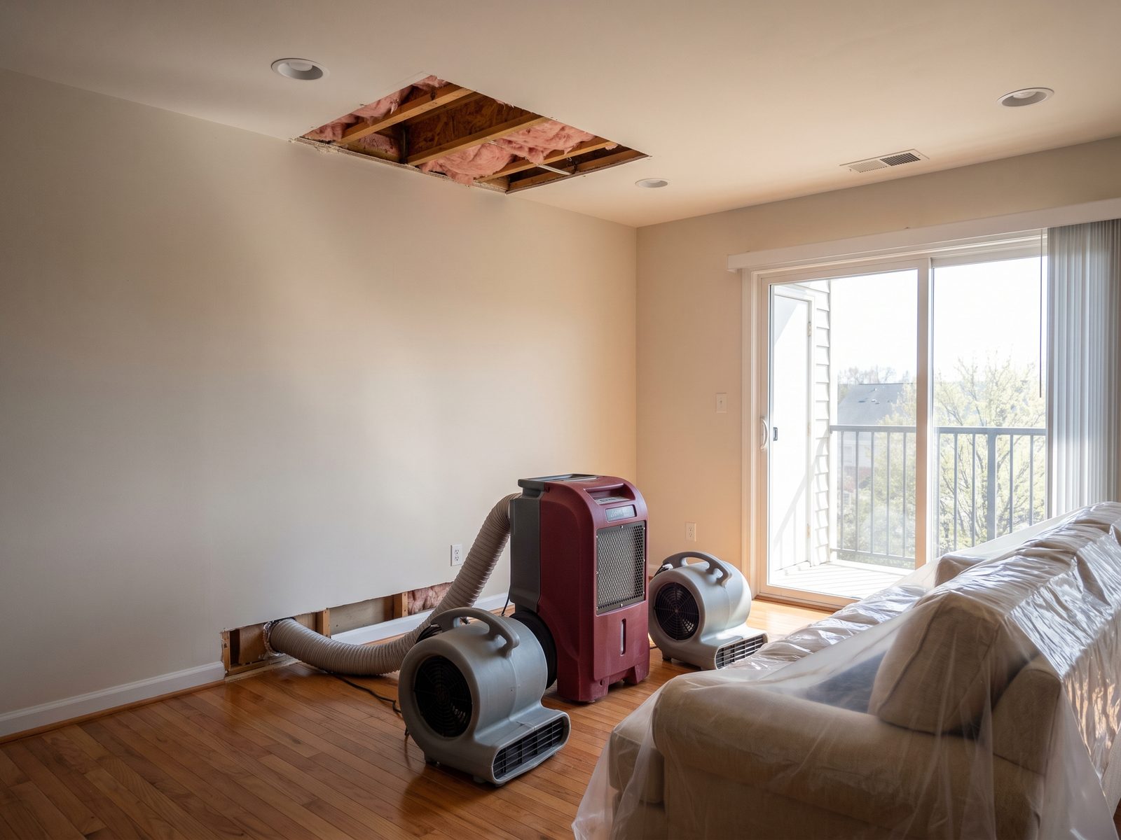 Air movers and a dehumidifier running against an opened ceiling cavity in a condominium living room.