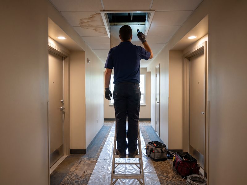 Open ceiling access panel below a stained tile in a condominium corridor with a technician on a ladder inspecting it.
