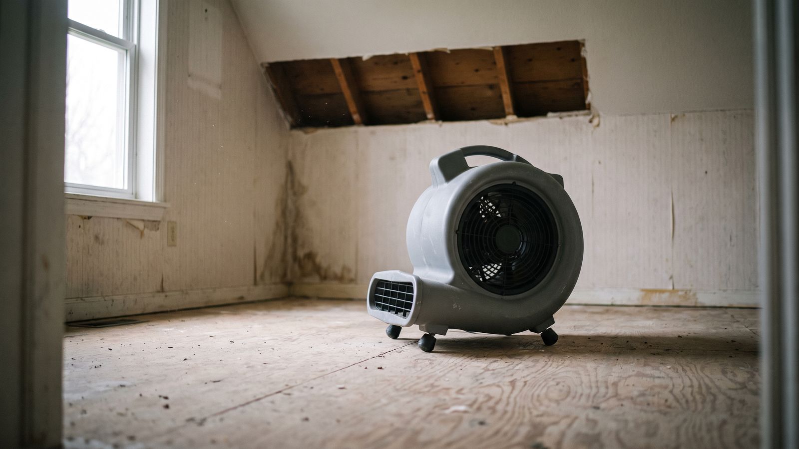 Air mover below an opened ceiling cavity Gray centrifugal air mover on a bare subfloor below an opened ceiling cavity, drying stage of water damaged ceiling repair