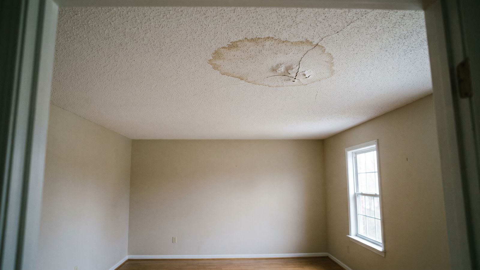 Brown water stain on a popcorn ceiling Brown ring stain on a white popcorn ceiling, the tier where the cost to fix water damaged ceiling is lowest