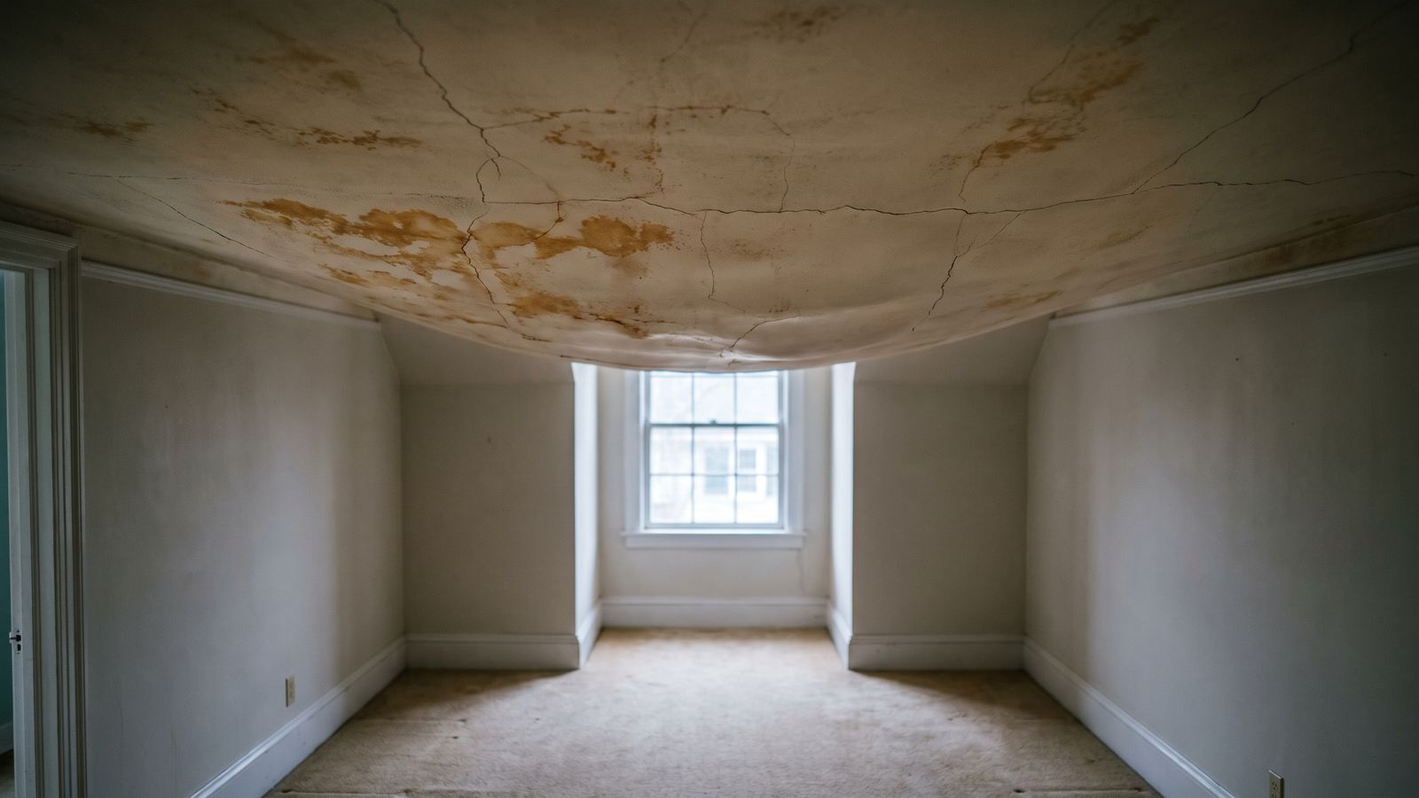 Sagging stained plaster ceiling Sagging, crazed plaster ceiling stained amber, the kind of failure that pushes the cost to fix water damaged ceiling up
