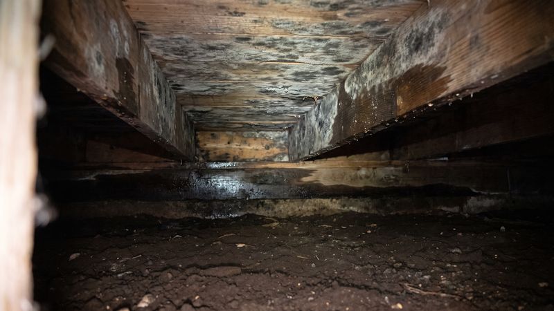 Gray and black mold blooming across the subfloor and floor joists above bare soil, the visible result of crawl space moisture