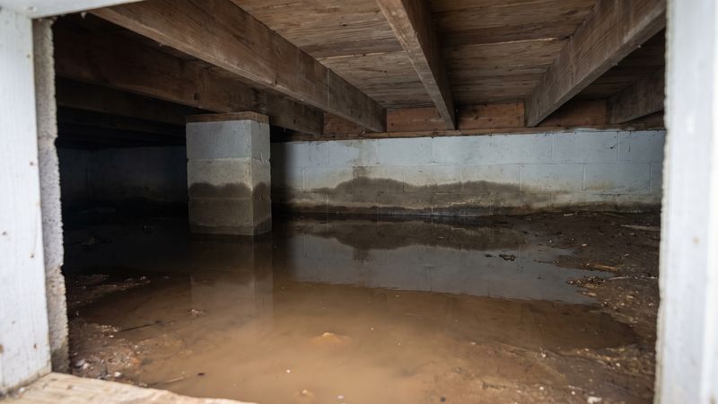 Standing water covering a crawl space dirt floor ahead of crawl space water standing water removal