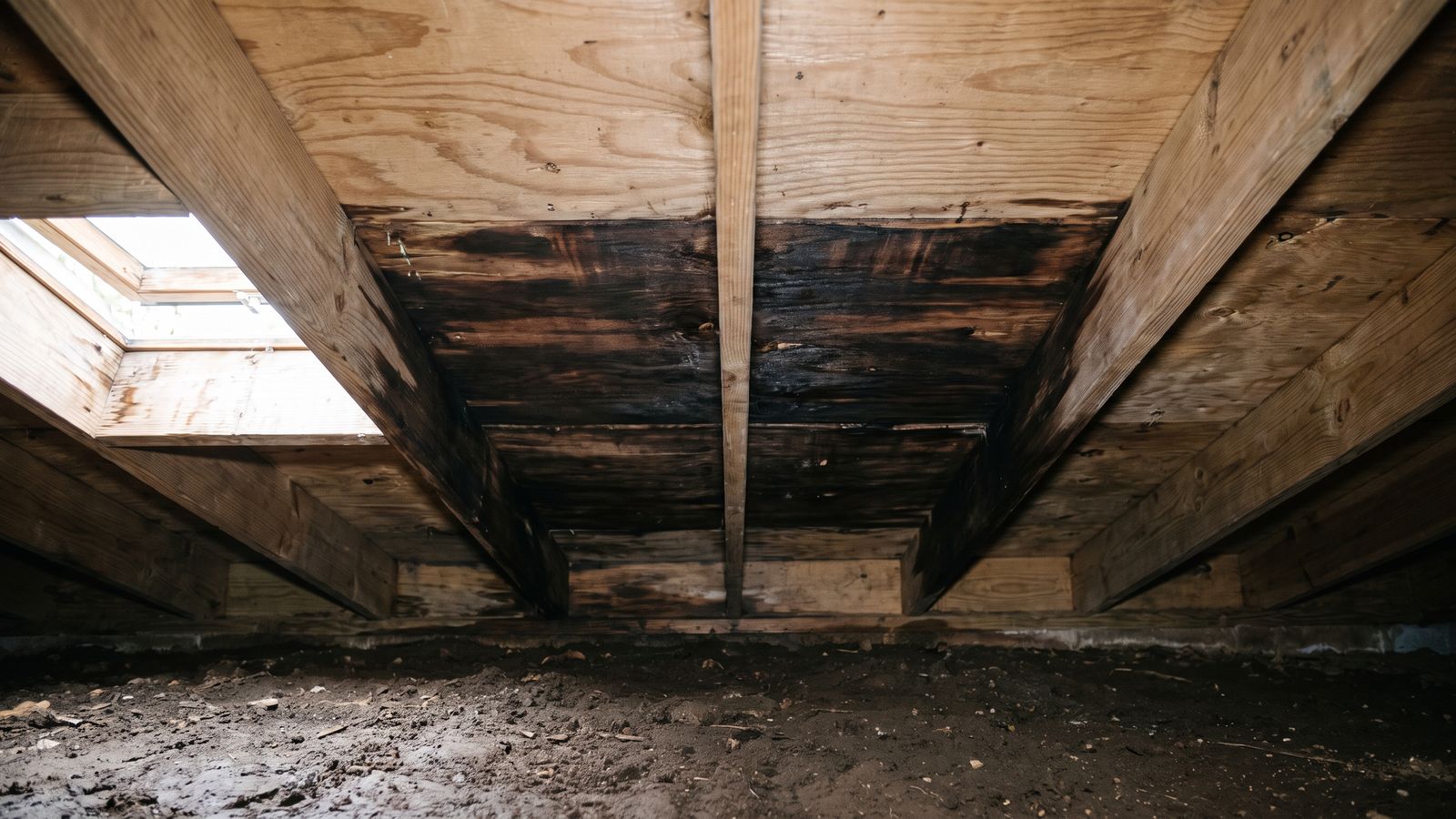 Floor joists and plywood subfloor darkened by damp above bare soil after standing water in crawl space