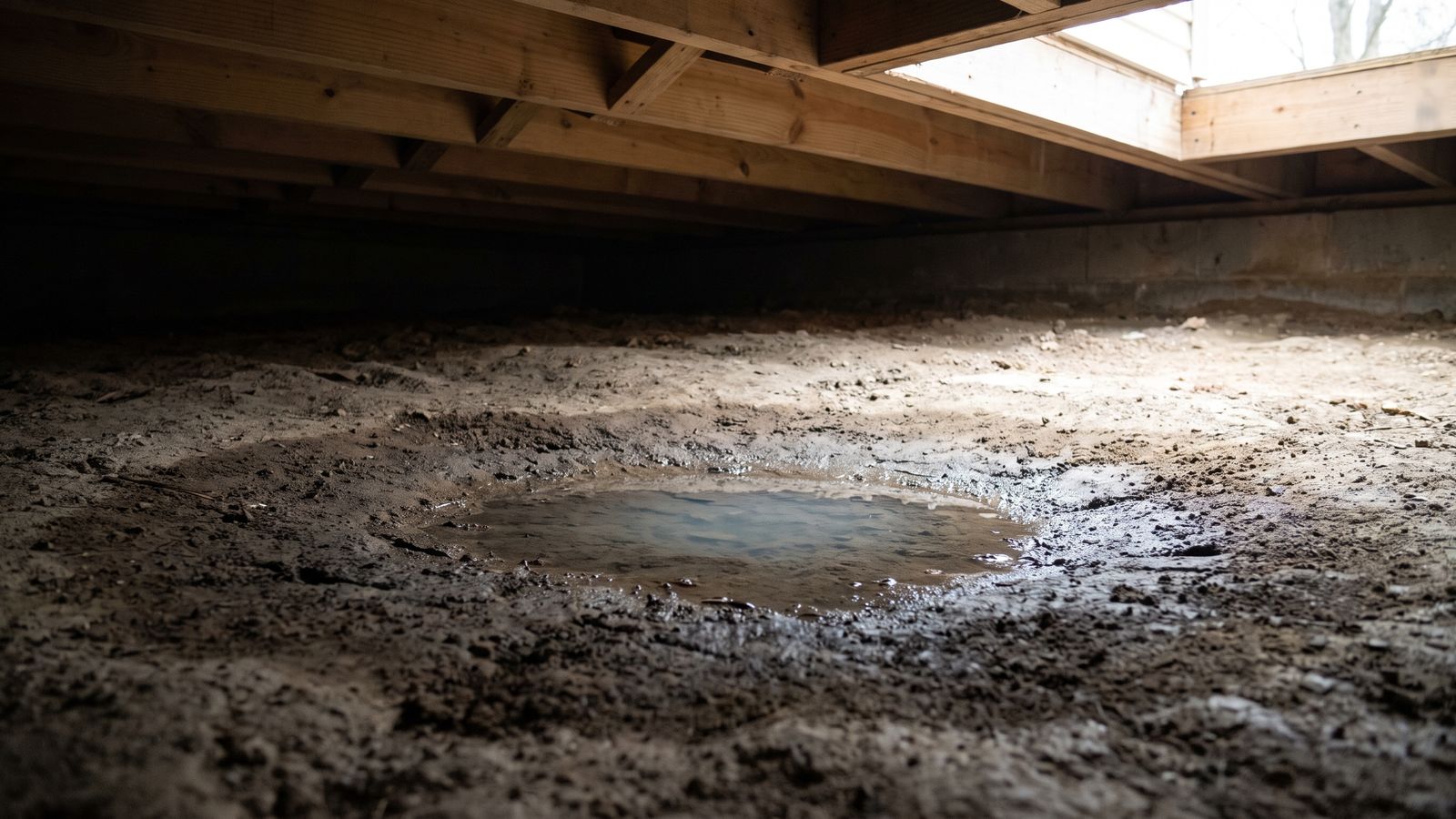Residual water pooled in a shallow low spot in the soil, the last stage of crawl space water removal