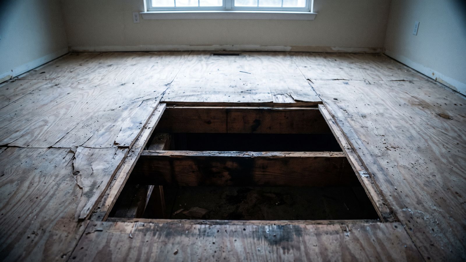 Cut-out subfloor decking exposing water-stained joists below a stripped floor after dishwasher leak water damage