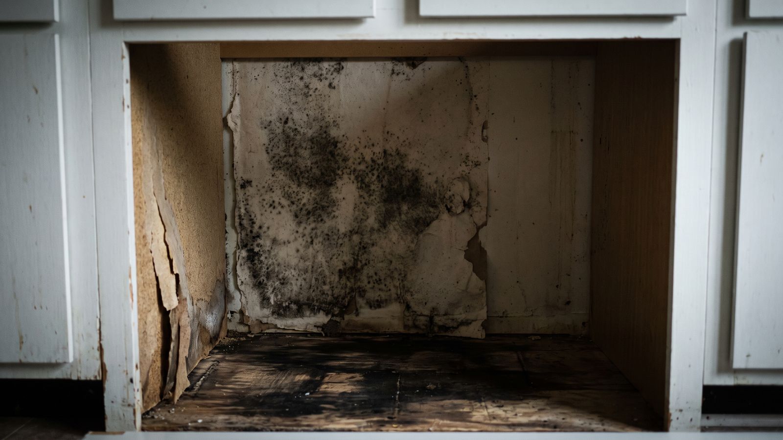 Black mold growth across torn drywall paper inside a cabinet cavity left wet by dishwasher leak water damage