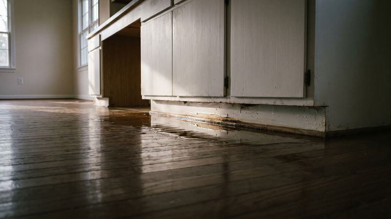 Standing water from dishwasher leak water damage pooled along a stained, blistered kitchen cabinet toe-kick
