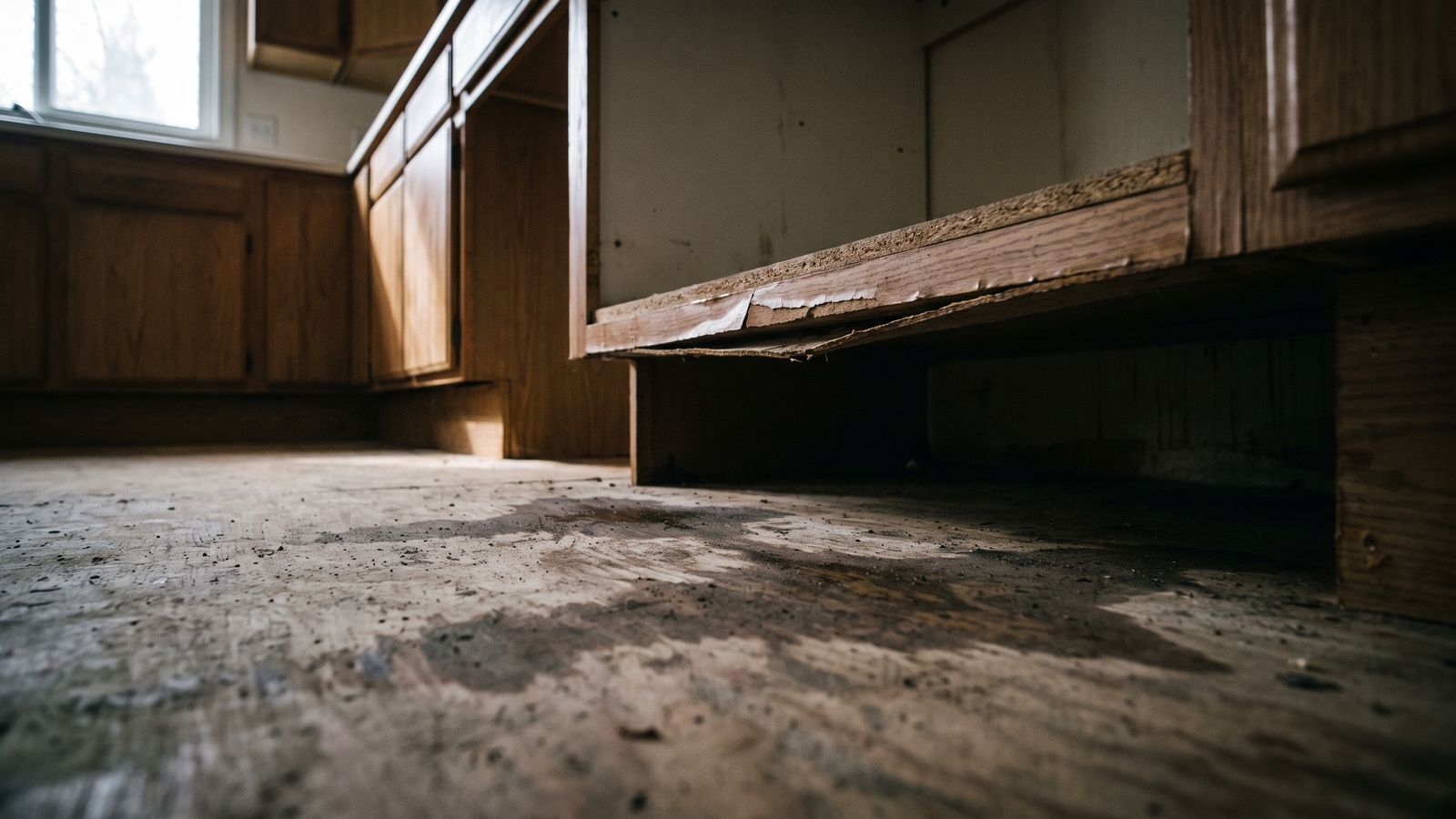 Stained subfloor and a swollen cabinet base exposed by a removed toe-kick reveal hidden dishwasher leak water damage