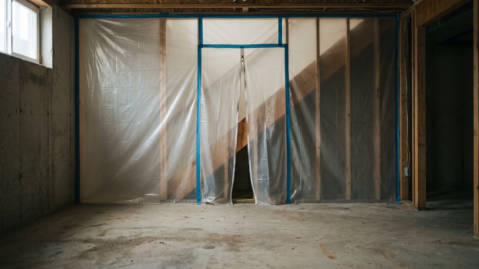 Plastic containment sheeting taped across a basement opening with a slit entry, professional mold remediation