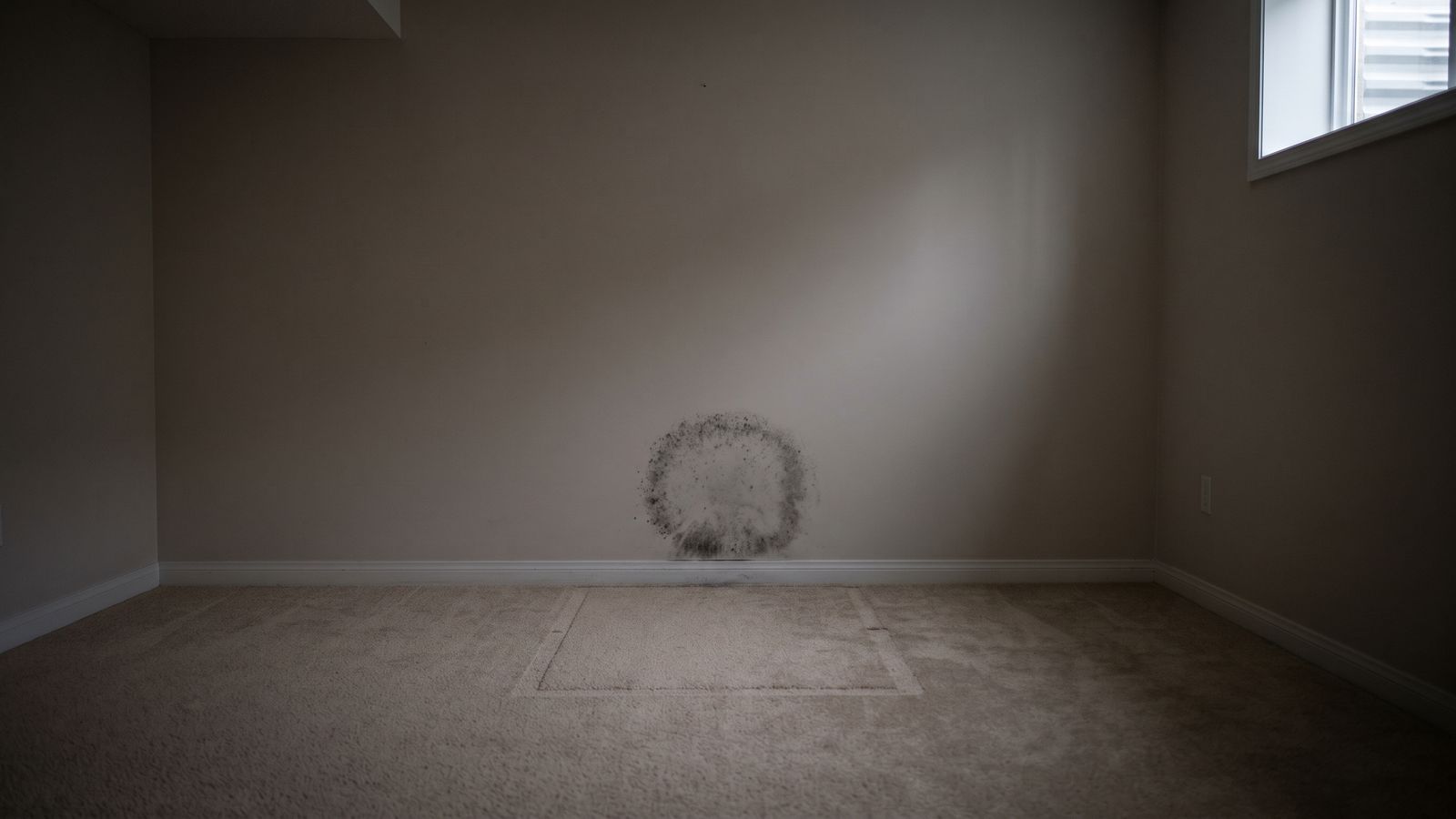 Palm-sized ring of mildew low on a painted basement wall above carpet, the size of mold removal a homeowner can handle
