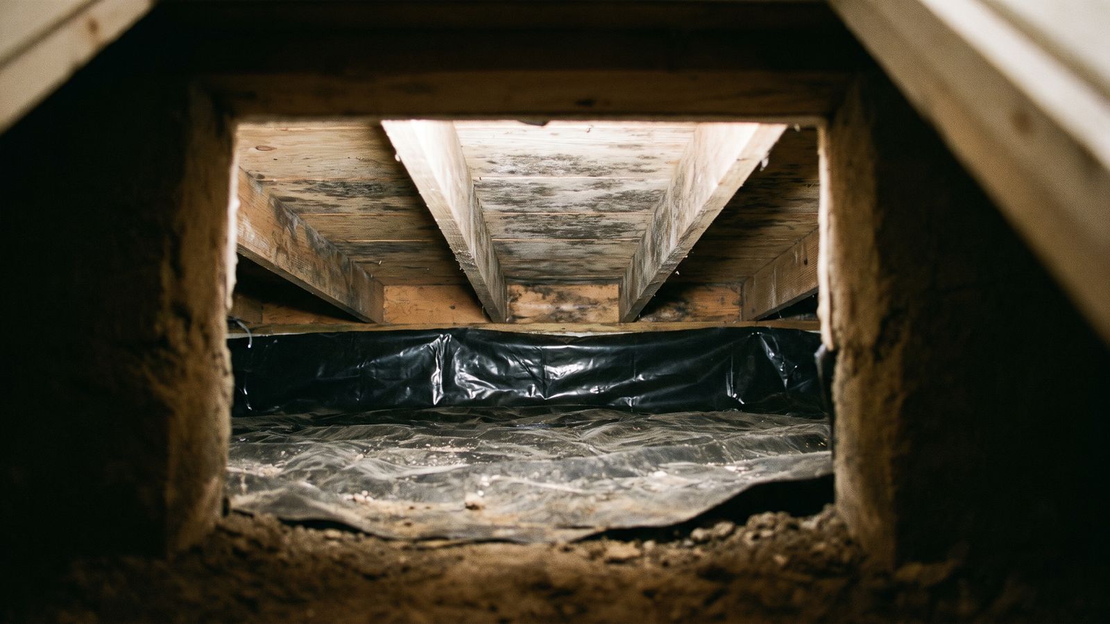 Mold blooming across crawl space floor joists and subfloor above a vapor barrier, mold removal that needs a professional