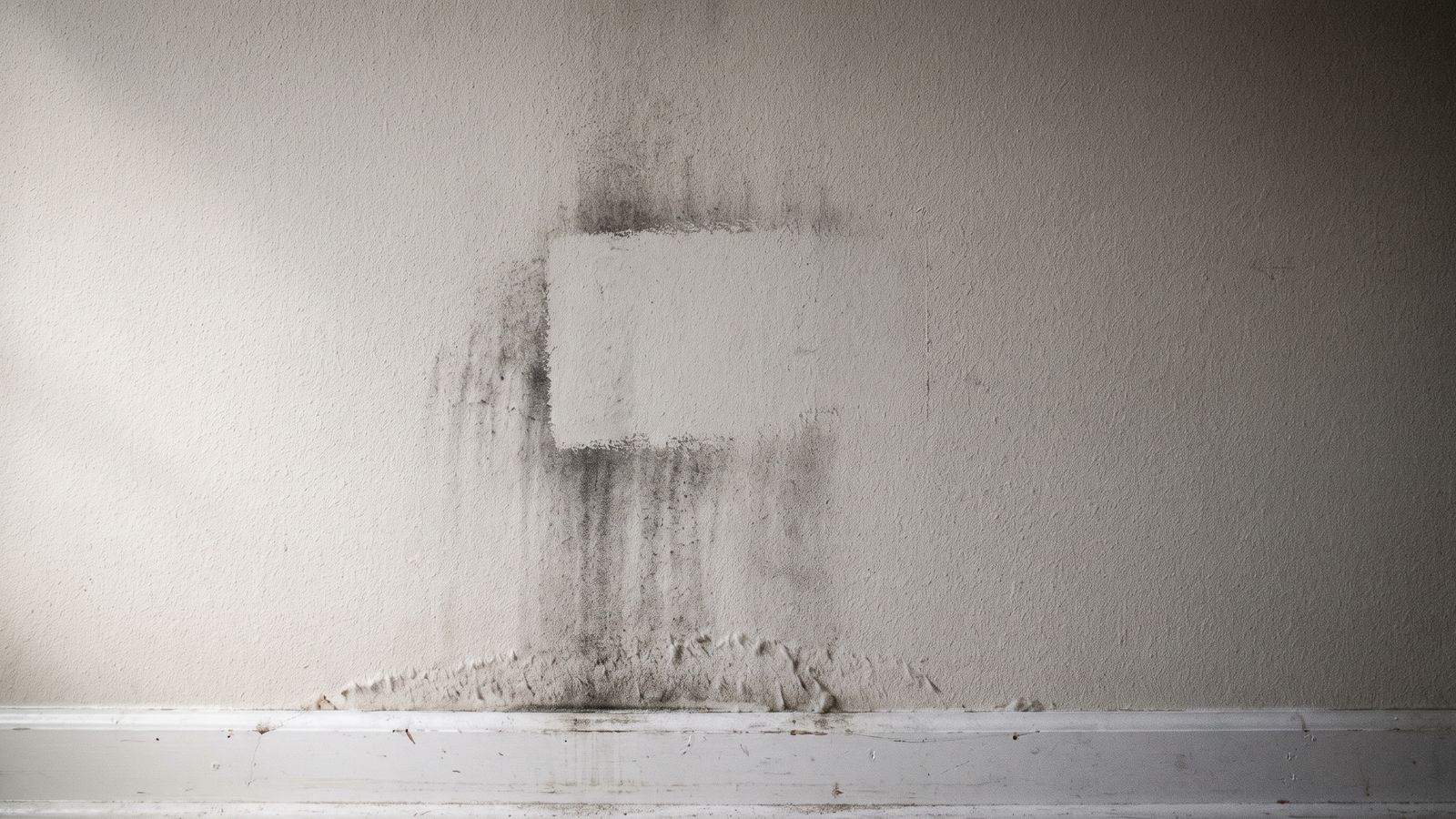 Pale rectangle scrubbed through a dark mold stain on a painted wall, growth still dark at the edges after DIY mold removal
