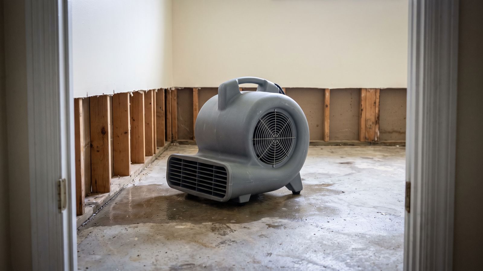 Air mover on a damp slab beside a flood cut in the drywall, equipment used in professional water damage restoration