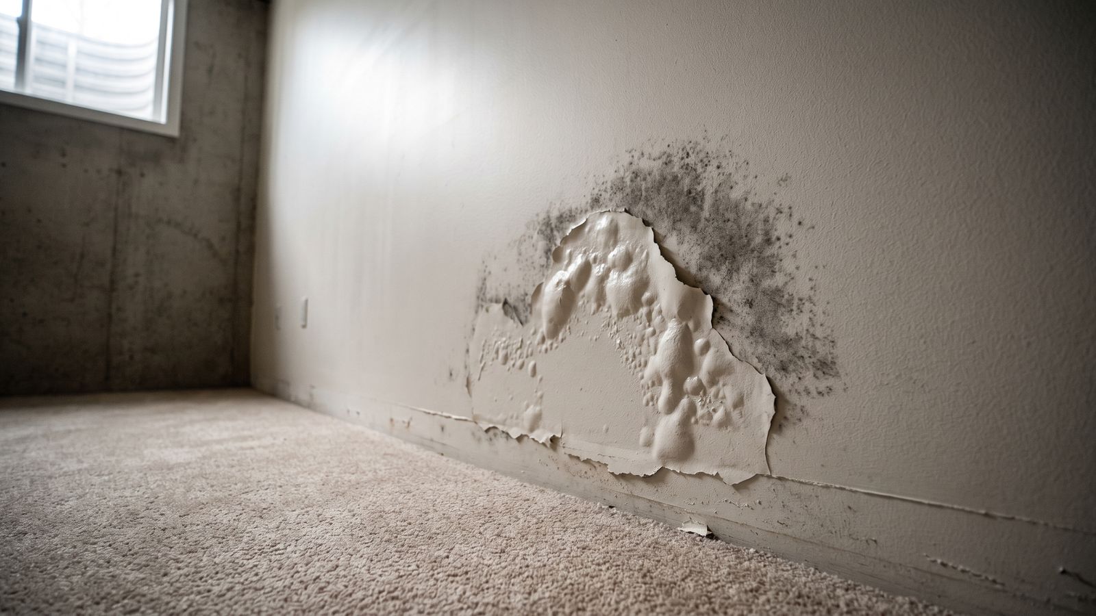 Blistered paint and a gray bloom on a basement wall, the hidden moisture professional water damage restoration finds