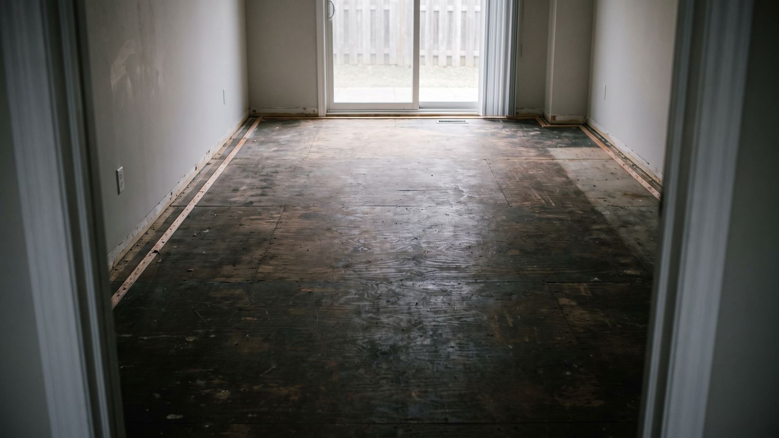 Stained plywood subfloor exposed after carpet and pad removal, the scope professional water damage restoration documents
