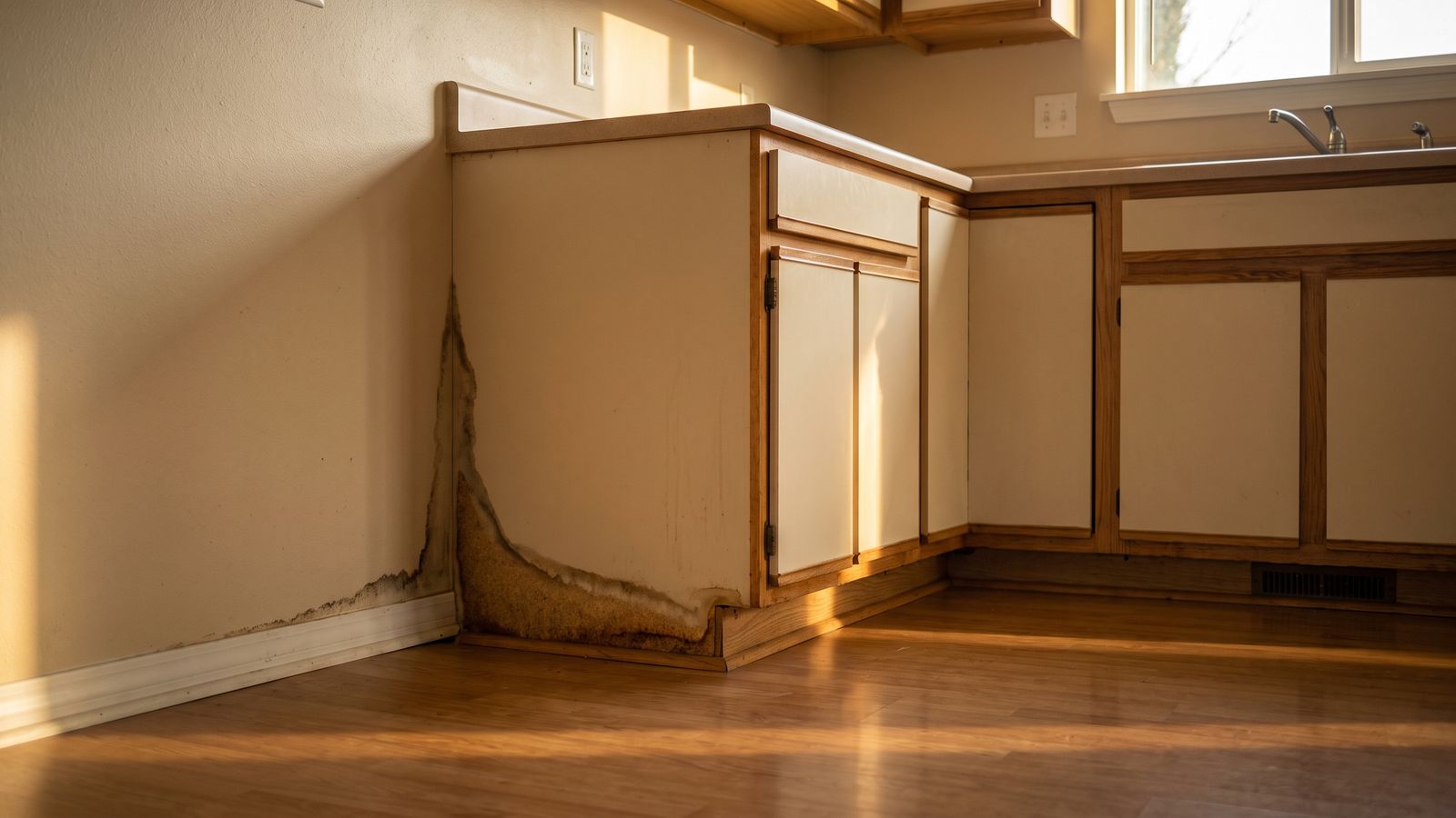 Swollen kitchen cabinet panel and dark wall staining, porous damage that needs professional water damage restoration
