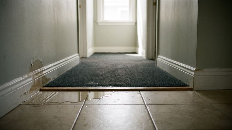 Water spreading across hallway tile to a carpeted threshold, the point professional water damage restoration starts