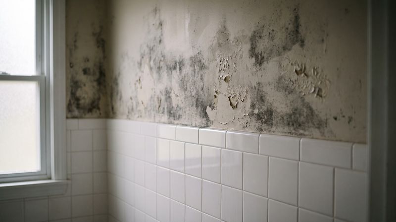 Black mold mottling blistered drywall above clean glazed tile, the surface split behind does bleach kill mold on drywall