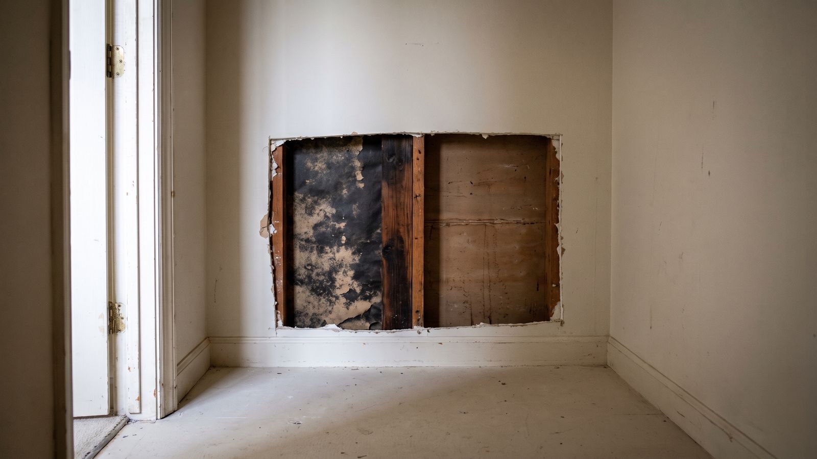 Black mold inside a wall cavity exposed by moldy drywall cut out above the baseboard, bare studs and sheathing visible