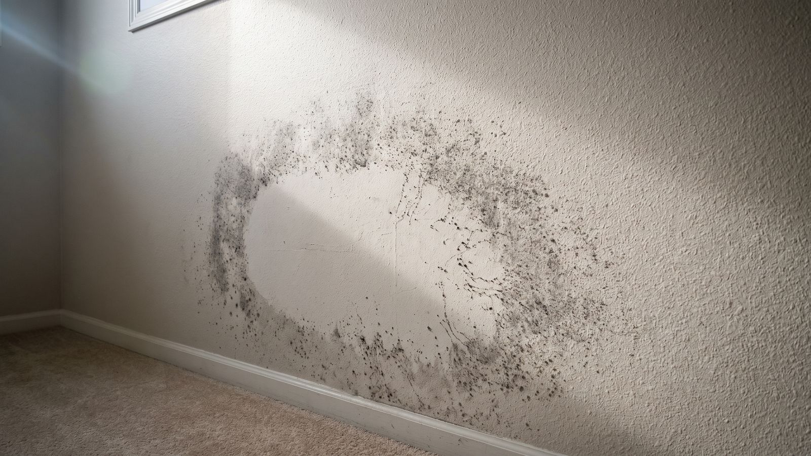 Pale scrubbed patch on painted drywall ringed by gray-black speckling growing back across it, the trap with bleach on mold