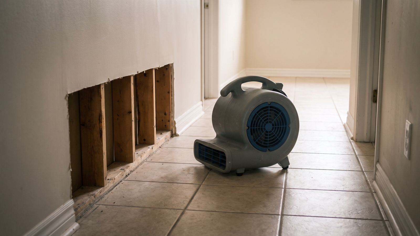 Air mover beside a hallway wall opened to bare studs Centrifugal air mover on hallway tile beside a wall opened to bare studs: does homeowners insurance cover sewage backup