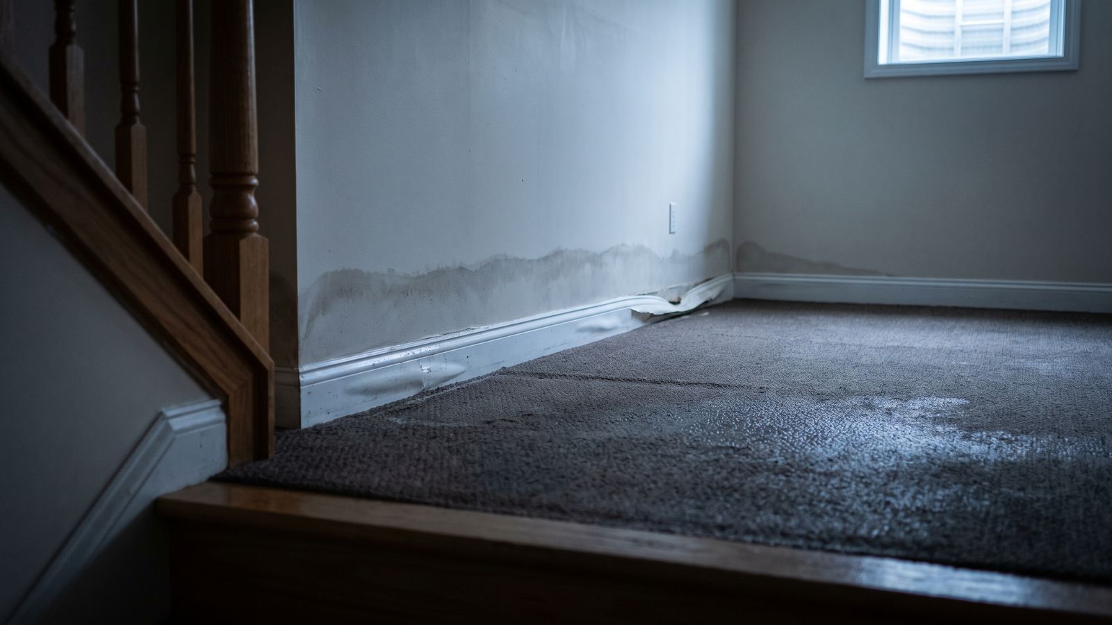 Matted basement carpet below a stained wall and trim Matted wet carpet and a gray-brown wall stain above swollen base trim: does homeowners insurance cover sewage backup