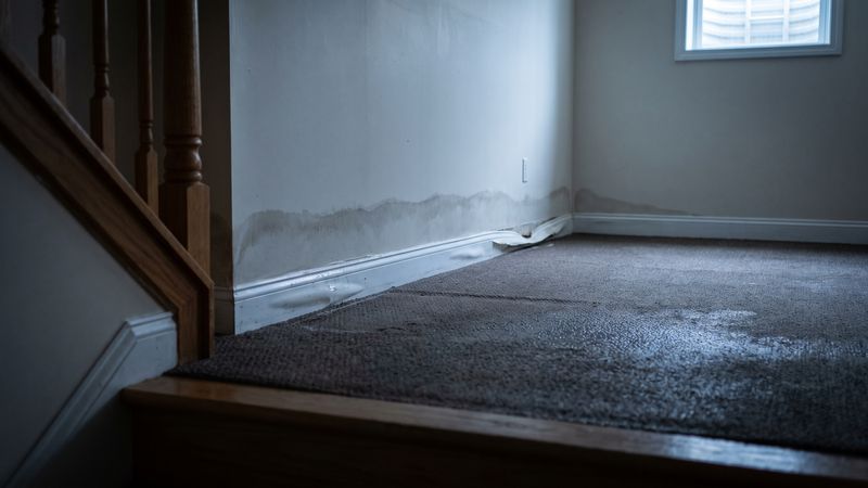 Matted wet carpet and a gray-brown wall stain above swollen base trim: does homeowners insurance cover sewage backup