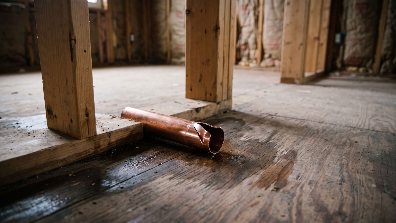 Split copper supply pipe cut out and set on a wet plywood subfloor, the failed part that proves sudden water damage