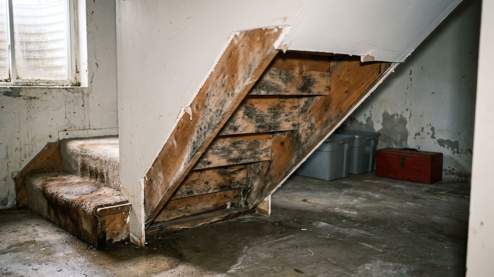 Gray-black mold on the exposed stringer and treads under a basement staircase after untreated water damage