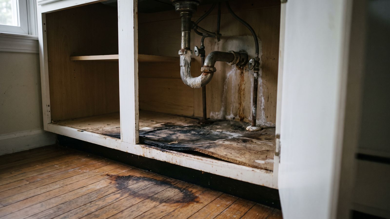 Blackened cabinet deck, rust rings and mineral crust under a kitchen sink, gradual water damage homeowners insurance excludes