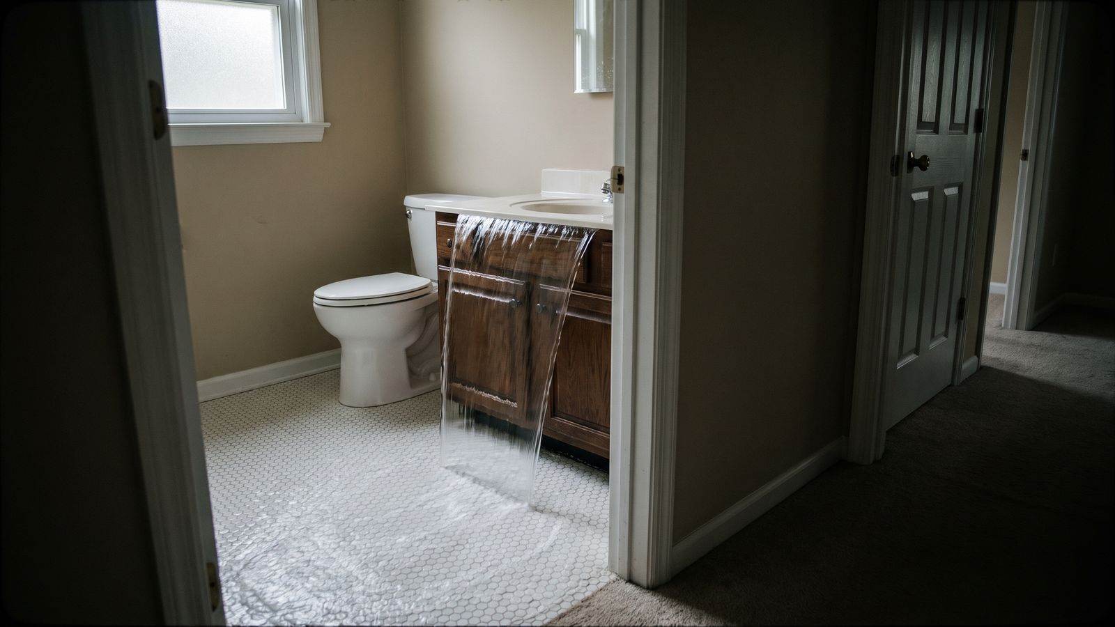 Water pouring off a bathroom vanity onto hex tile and under the door, sudden water damage homeowners insurance covers
