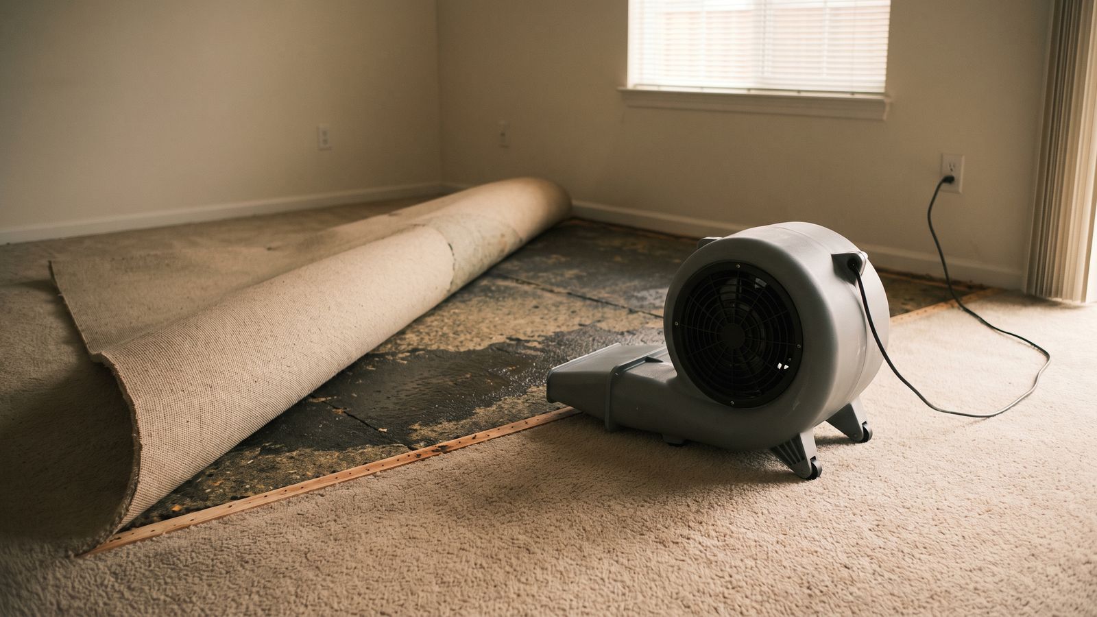 Centrifugal air mover running beside carpet rolled back off the tack strip over a water damaged pad and subfloor