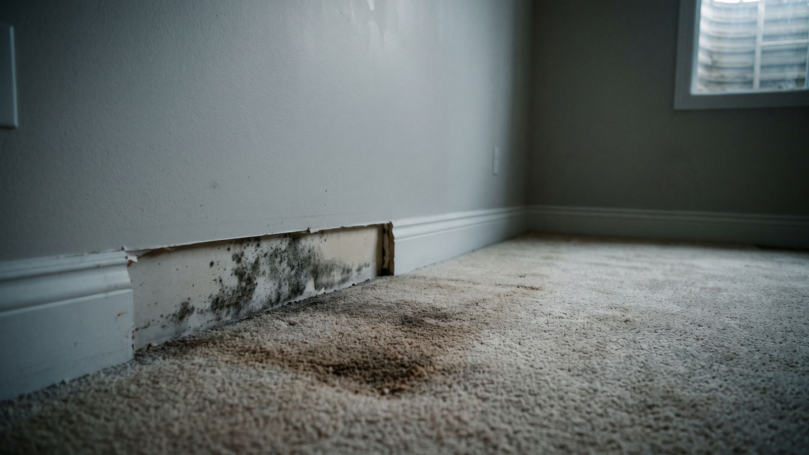 Gray-black mold on the back of a removed basement baseboard above carpet stained by earlier water damage