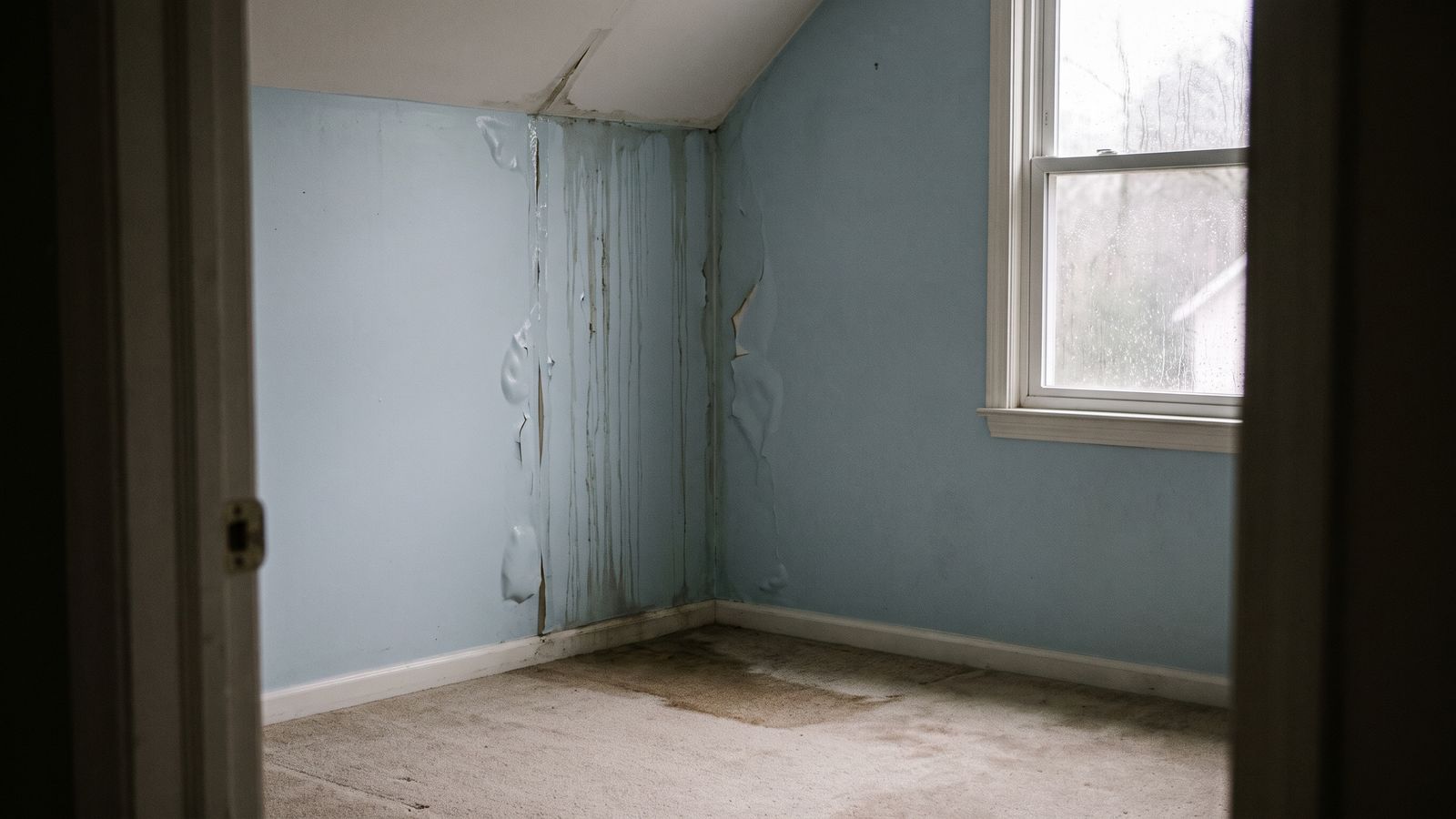 Water tracking down a bedroom wall from the ceiling corner, storm water damage homeowners insurance usually covers