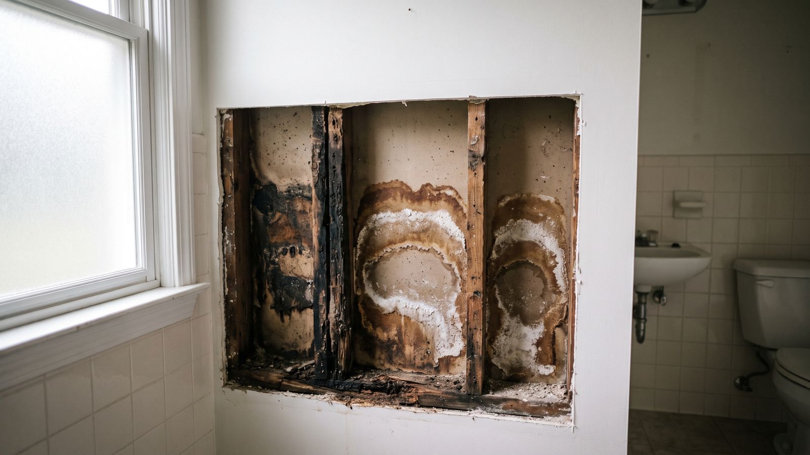 Rotted stud and mineral crust in an opened bathroom wall, gradual water damage a homeowners insurance policy excludes