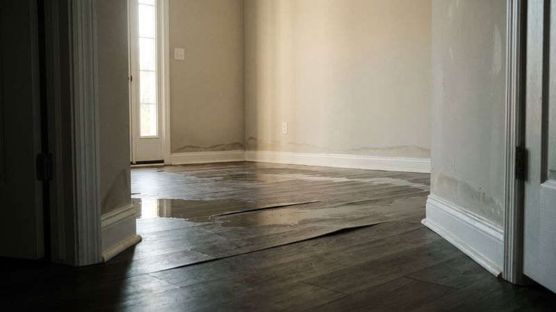 Standing water across a lifted plank floor and a tide line above the base trim after sudden water damage