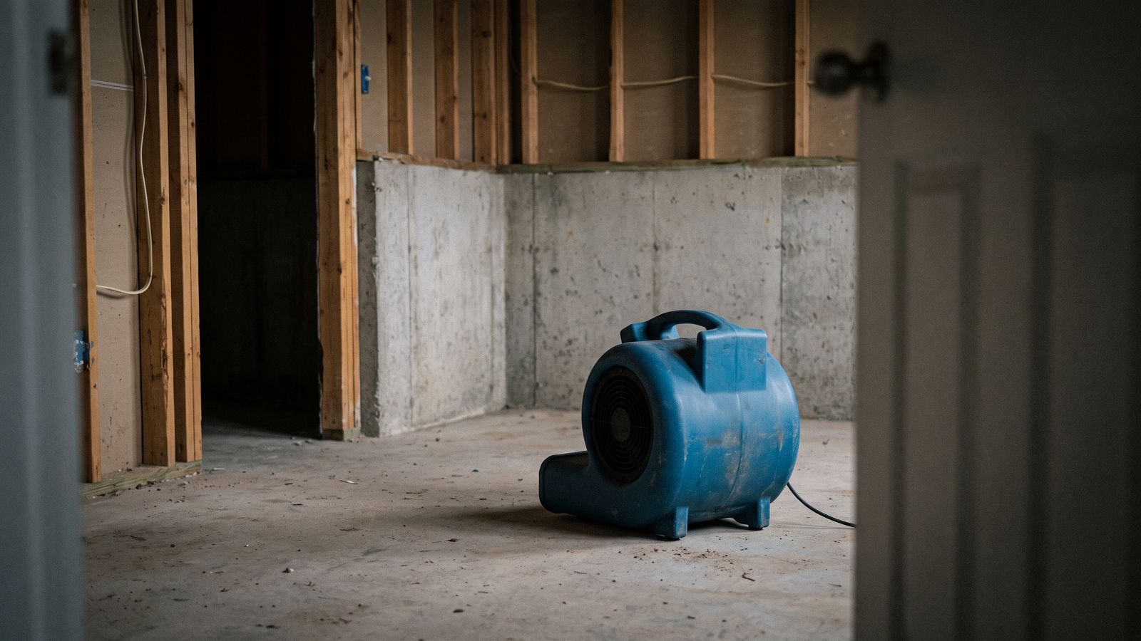 A blue centrifugal air mover on the bare slab of a stripped basement, the fast drying that limits mold remediation